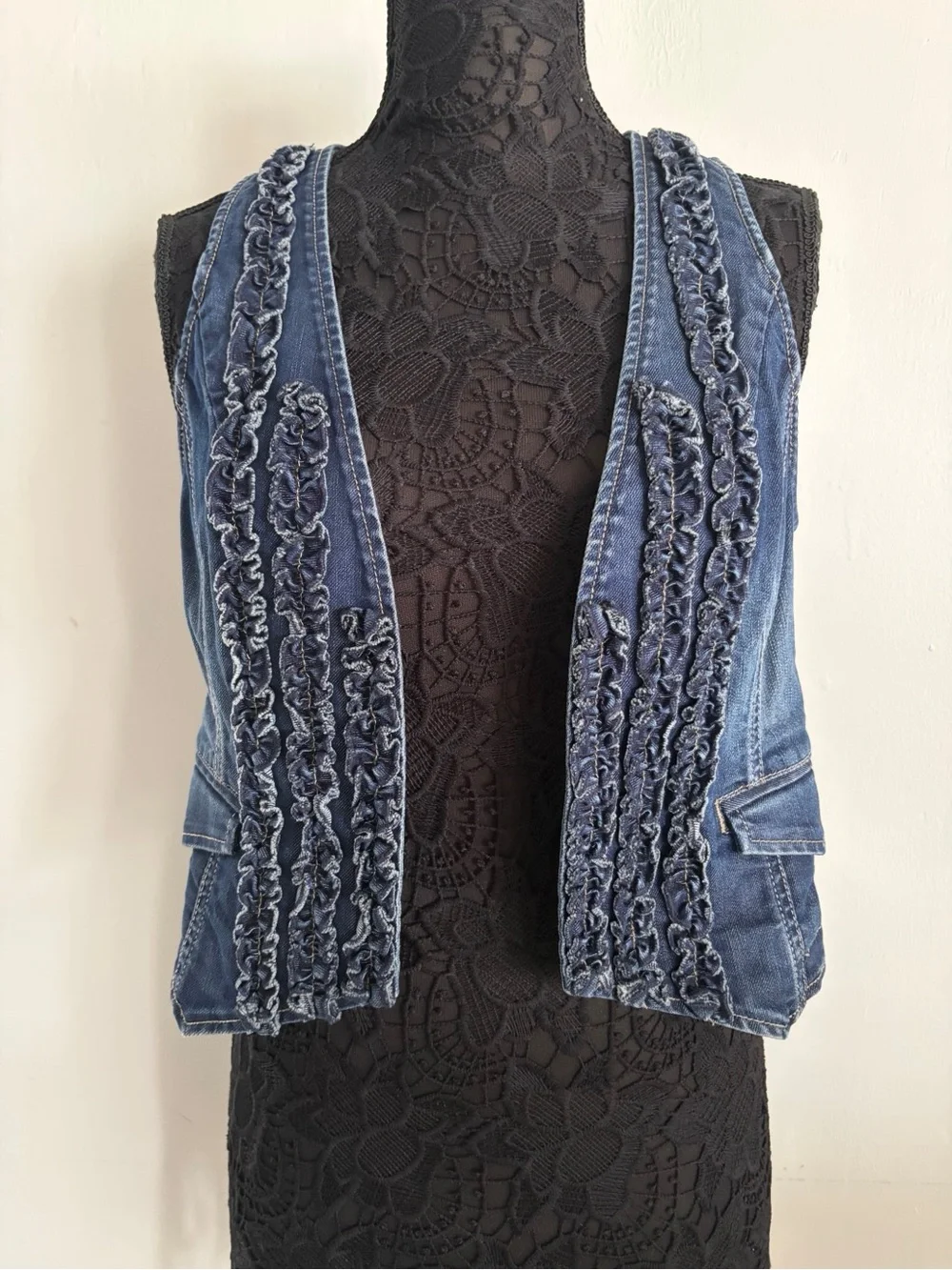 Chico's Denim Blue Ruffle Front Vest